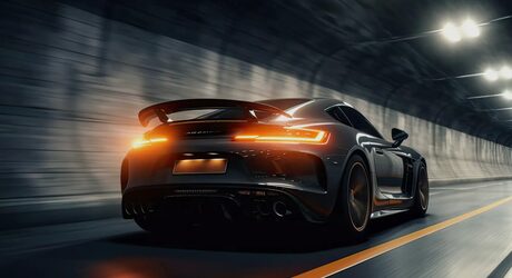 Schwarzer Sportwagen fährt durch einen Tunnel