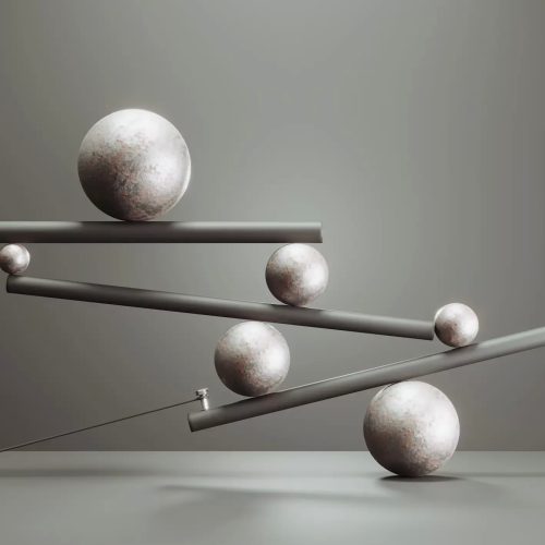Konzeptuelles Kunstwerk mit ausbalancierten rostfreien Stahlkugeln auf schwebenden Stangen, darstellend Gleichgewicht und Präzision auf neutralem Hintergrund.