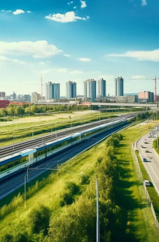 Moderne urbane landschaft zug flugzeug windkraft autobahn