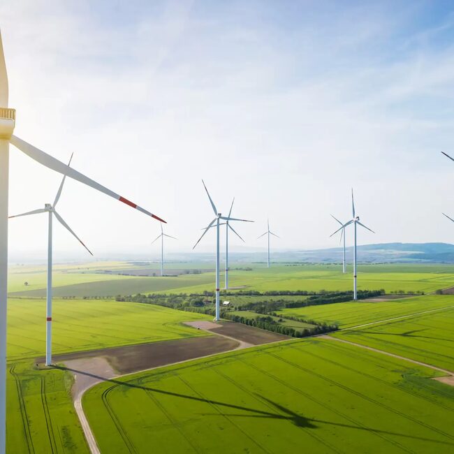 Luftaufnahme eines Windparks mit mehreren Windkraftanlagen auf einem grünen Feld für erneuerbare Energie und nachhaltige Entwicklung.